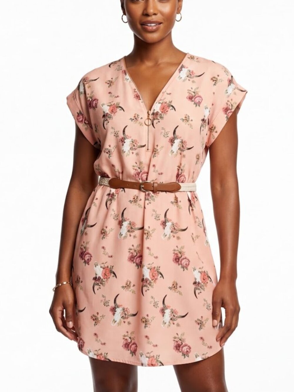 Wishful Park Western Boho Pink Bull Skull Floral Mini Dress M